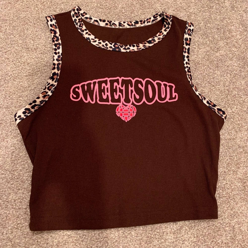 Leopard Print Trim Brown Cropped Top